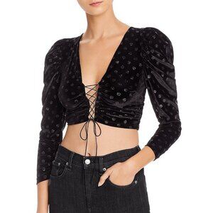 For Love & Lemons Elisa Velvet Cropped Top — black — large